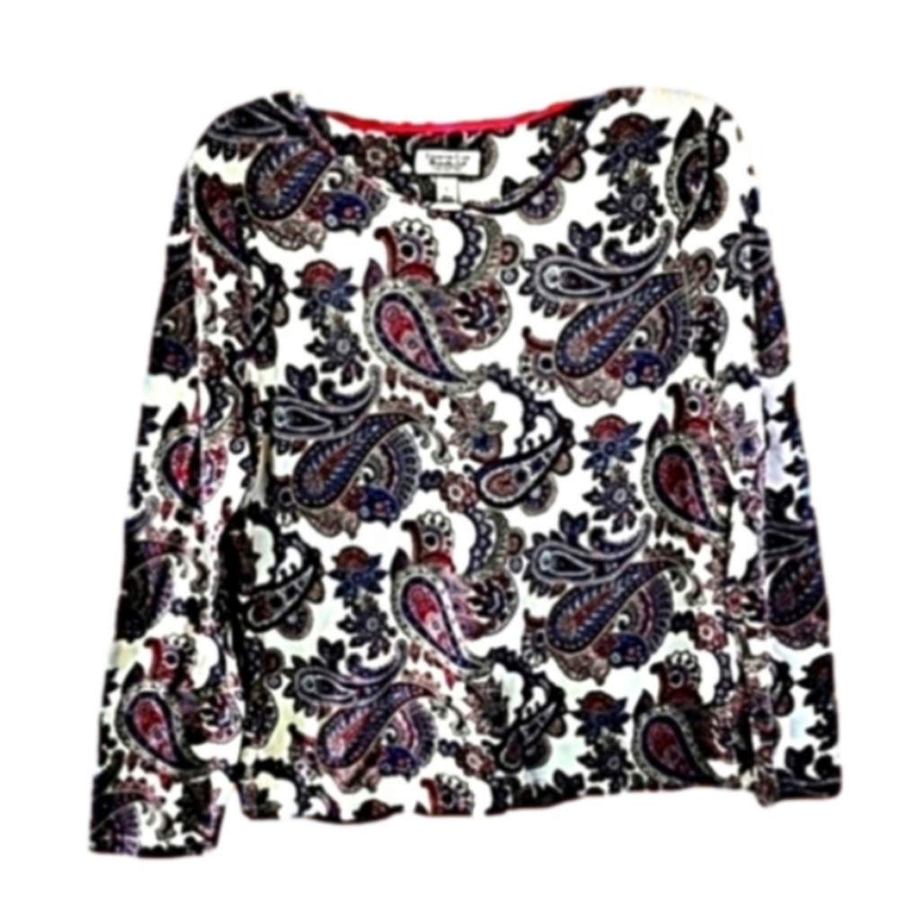 Charter Club Lg Pima Cotton Long Sleeve Red Black White Paisley Blouse